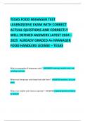 TEXAS FOOD MANAGER TEST LEARN2SERVE EXAM WITH CORRECT ACTUAL QUESTIONS AND CORRECTLY  WELL DEFINED ANSWERS LATEST 2024 – 2025  ALREADY GRADED A+/MANAGER FOOD HANDLERS LICENSE – TEXAS