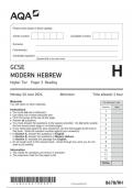 AQA GCSE MODERN HEBREW Higher Tier Paper 3 Reading question paper 2024 june 8678/RH