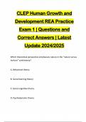 CLEP Human Growth and Development REA Practice Exam 1 | Questions and Correct Answers | Latest Update 2024/2025