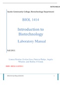 Exam (elaborations) BIOLOGY 1414 Introduction to Biotechnology Laboratory Manual Austin Community College, Biotechnology Department Introduction to Biotechnology Fall 2011 Linnea Fletcher, Evelyn Goss, Patricia Phelps, Angela Wheeler, and Shelley O‘Grady 