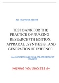 TEST BANK FOR THE PRACTICE OF NURSING RESEARCH7TH EDITION, APPRAISAL , SYNTHESIS , AND GENERATION OF EVIDENCE ALL SOLUTIONS SOLVED ALL CHAPTERS QUESTIONS AND ANSWERS FOR REVISION WISHING YOU SUCCESS A+