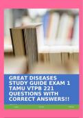 GREAT DISEASES STUDY GUIDE EXAM 1 TAMU VTPB 221 QUESTIONS WITH CORRECT ANSWERS!!