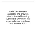 MARK 201 Midterm, questions and answers Introduction to Marketing (Concordia University) trial expected exam questions and answers 2023