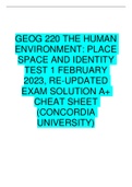 GEOG 220 THE HUMAN ENVIRONMENT: PLACE SPACE AND IDENTITY TEST 1 FEBRUARY 2023, RE-UPDATED EXAM SOLUTION A+ CHEAT SHEET (CONCORDIA UNIVERSITY)