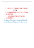 HESI A2 ENTRANCE EXAM   FOR  CHAMBERLAIN COLLGE OF  NURSING   2023 QUESTIONS WITH  ANSWERS Biology, Grammar, Reading,Math& vocabulary added possible questions