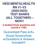 HESI MENTALHEALTH  RN V1-V3 (2022/2023)  TEST BANKS  (ALL TOGETHER) –NEW!!