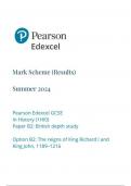 Pearson Edexcel GCSE In History (1HI0) Paper B2: British depth study Option B2: The reigns of King Richard I and King John, 1189–1216  mark scheme 2024 june 1hio/b2