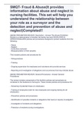 SMQT- Fraud & Abuse(It provides information about abuse and neglect in nursing facilities. This set will help you understand the relationship between your role as a surveyor and the detection and prevention of abuse and neglect)Completed!!