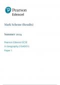 Pearson Edexcel GCSE In Geography (1GA0/01) Paper 1 mark scheme 2024 june 1gao/01