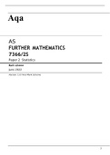 Aqa AS Further Mathematics 7366/2S Paper 2 Statistics Mark Scheme June 2022 100% Final.