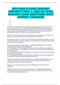 2024 AQA A LEVEL BIOLOGY IMMUNITY UNIT 1, AQA AS LEVEL BIOLOGY EXAM QUESTIONS WITH CORRECT ANSWERS