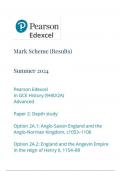 AQA Pearson Edexcel In GCE History (9HI0/2A) Advanced Paper 2: Depth study Option 2A.1: Anglo-Saxon England and the Anglo-Norman Kingdom, c1053–1106 Option 2A.2: England and the Angevin Empire in the reign of Henry II, 1154–89 mark scheme june 2024 9hio/2