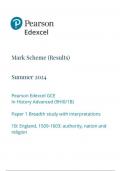  Pearson Edexcel GCE In History Advanced (9HI0/1B) Paper 1 Breadth study with interpretations 1B: England, : authority, nation and religion mark scheme june 2024 9hio/1b