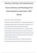 Honors Anatomy and Physiology Final Exam Questions and Answers 100% Solved