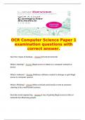   OCR Computer Science Paper 1 examination questions with correct answer.  Give the 2 types of backups. - Answer full and incremental  What is Hacking? - Answer Illegal access or attack on a computer network or device  What is malware? - Answer Malicious 