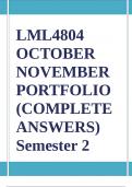 LML4804 OCTOBER NOVEMBER PORTFOLIO (COMPLETE ANSWERS) Semester 2 2024 - DUE 25 October 2024; 100% TRUSTED Complete, trusted solutions and explanations Ensure your success with us... 