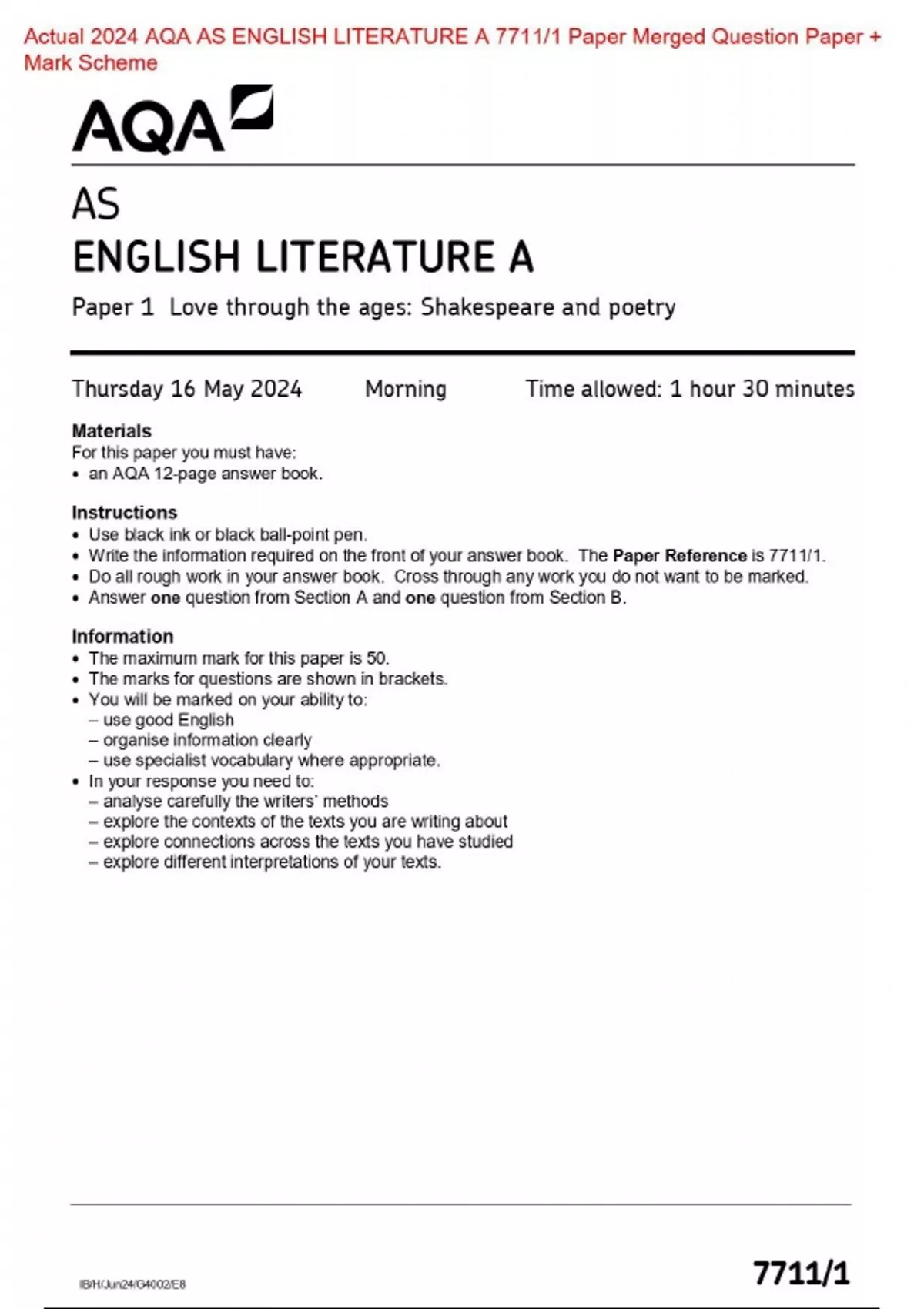 Actual 2024 AQA AS ENGLISH LITERATURE A 7711/1 Paper Merged Question ...