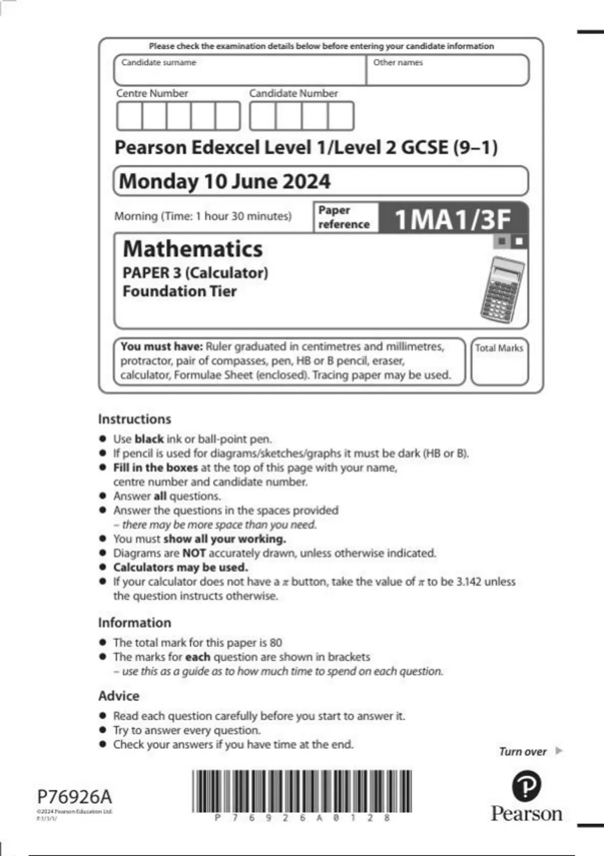 EDEXCEL GCSE mathematics 1ma1-3f paper 3 (calculator) foundation tier ...