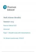 Pearson Edexcel A Level HISTORY Paper 1 option 1h (9hio-1h) June 2024 Final Mark scheme