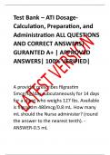 Test Bank – ATI DosageCalculation, Preparation, and  Administration ALL QUESTIONS  AND CORRECT ANSWERS|  GURANTED A+ | APPROVED  ANSWERS| 100% VERIFIED| 