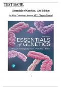 Complete Test Bank for Essentials of Genetics, 10th Edition by (Klug/ Cummings/ Spencer/ Palladino/ Killian), All Chapters 1 to 21 Covered, ISBN: 9780134898414 (100% Verified Edition)