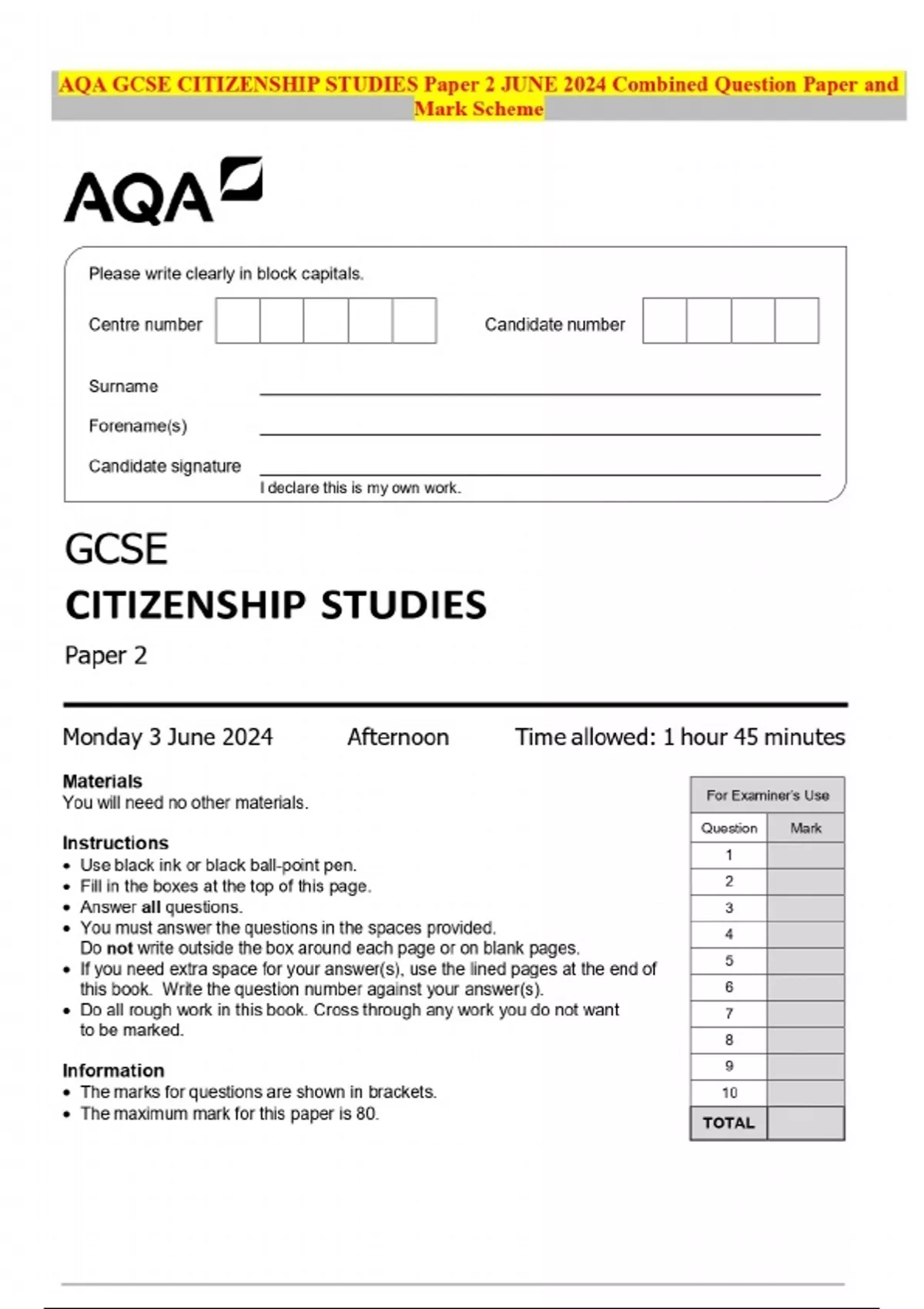 AQA GCSE CITIZENSHIP STUDIES Paper 2 JUNE 2024 Combined Question Paper