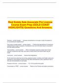   Real Estate Sale Associate Pre License Course Exam Prep (GOLD COAST HIGHLIGHTS) Questions And Answers.