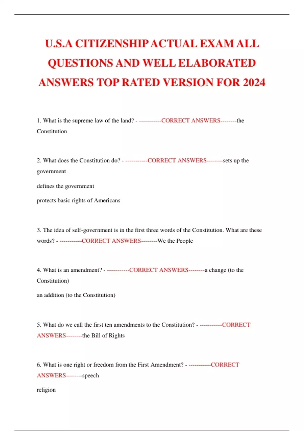 U.S.A CITIZENSHIP ACTUAL EXAM ALL QUESTIONS AND WELL ELABORATED ANSWERS