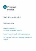 Mark Scheme (Results) Summer 2024 Pearson Edexcel GCE In History Advanced (9HI0/1B) Paper 1 Breadth study with interpretations 1B: England, 1509-1603: authority, nation and religion