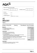 2024 AQA AS BIOLOGY 7401/1 Paper 1 ACTUAL QUESTION PAPER AND MARKING SCHEME MERGED TO HELP YOU GET TO DISTINCTION