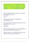 MATHNASIUM JOB ASSESSMENT EXAM LATEST WITH ACTUAL QUESTIONS AND CORRECT VERIFIED ANSWERS ALREADY GRADED A+ 100% GUARANTEED PASS! How do you find the perimeter and area of a rectangle? - ANSW..P = 2l + 2w P = 2 (l + w) A = lw