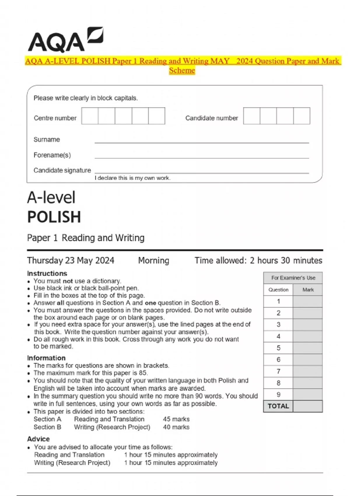 BUNDLED AQA ALEVEL POLISH Paper 1 2& 3 Reading and Writing MAY 2024