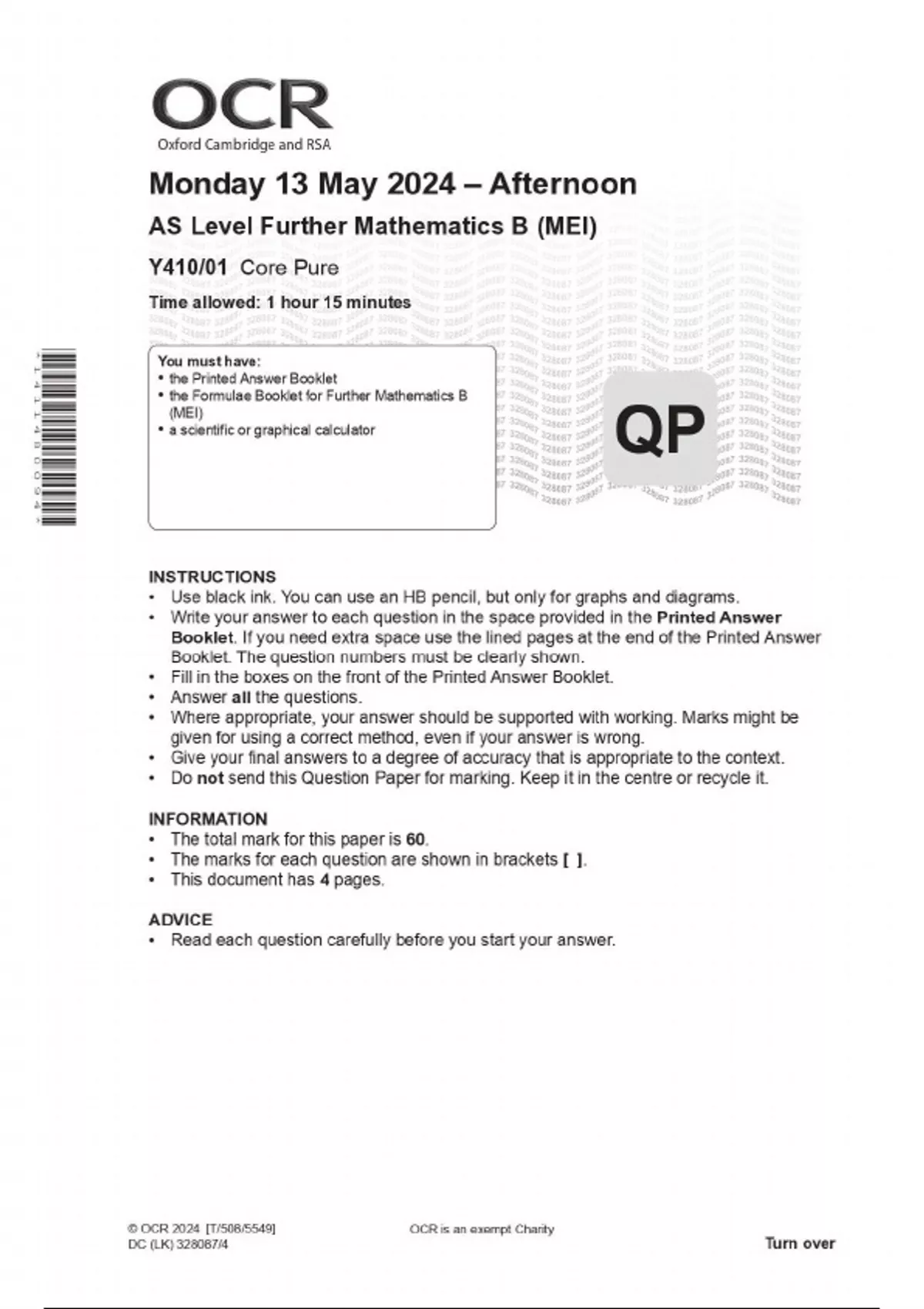 OCR 2024 AS Level Further Mathematics B (MEI) Y410/01 Core Pure ...