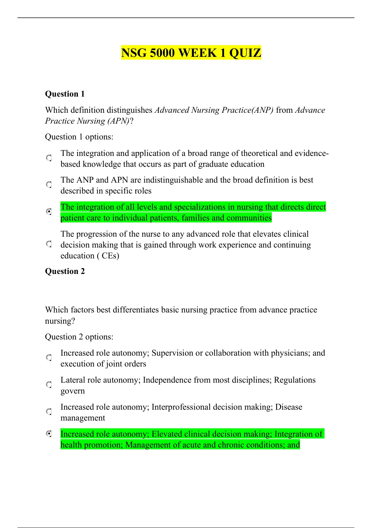 SOUTH UNIVERSITY : NSG 5000 WEEK 1 QUIZ (GRADED A ) - NSG 5000 (NSG5000 ...