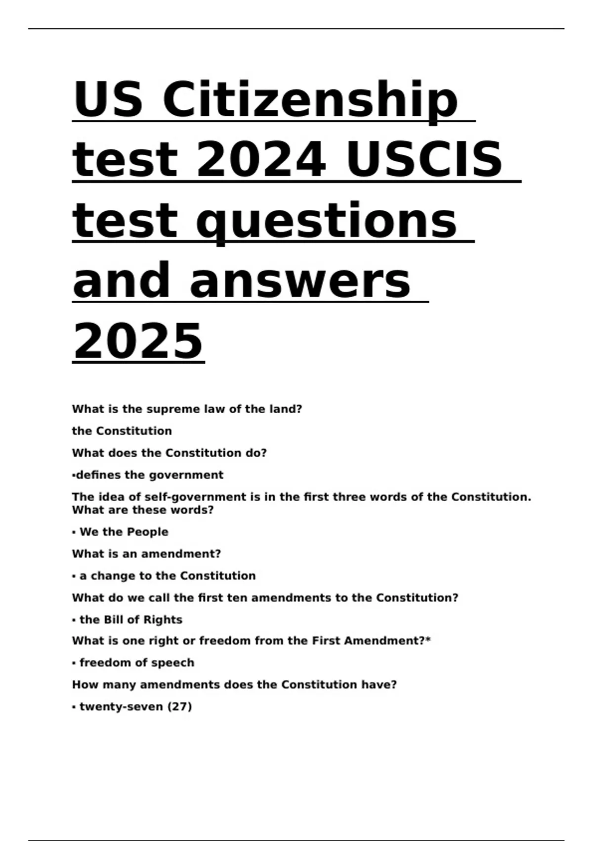 US Citizenship test 2024 USCIS test questions and answers 2025. 2024