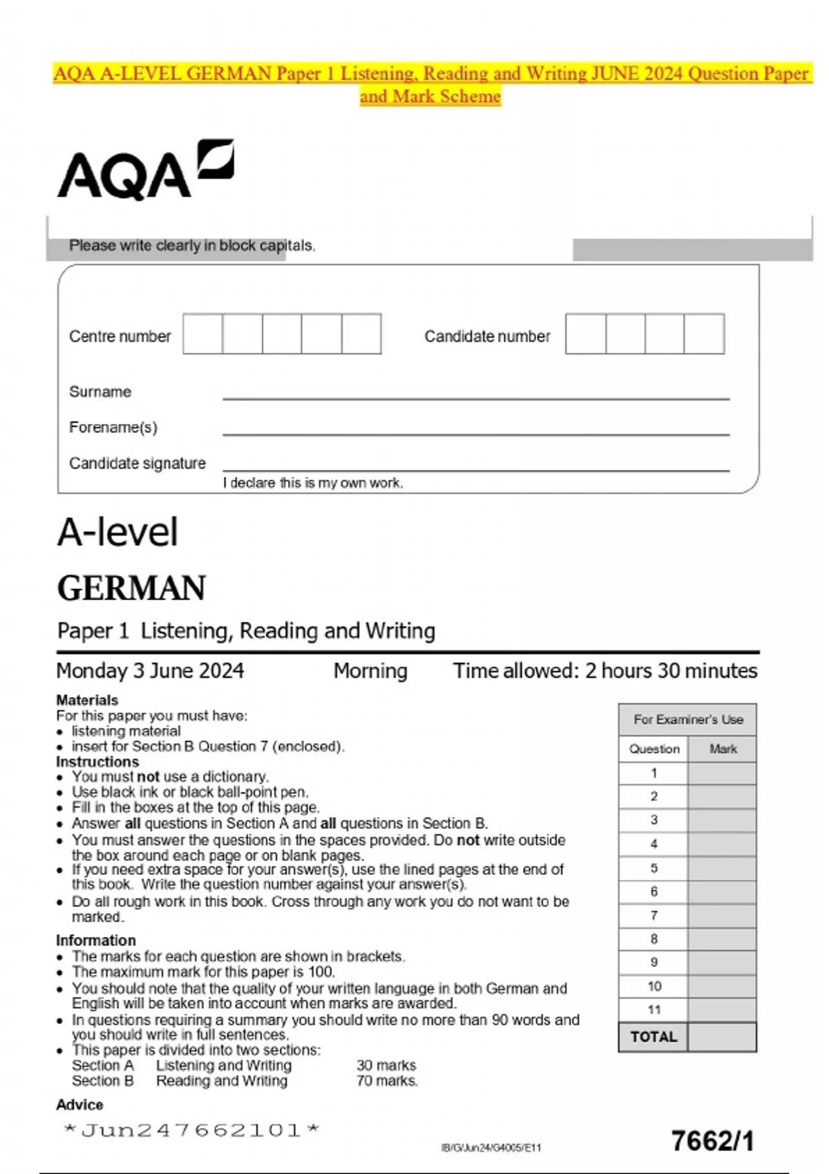 AQA ALEVEL GERMAN Paper 1 Listening, Reading and Writing JUNE 2024