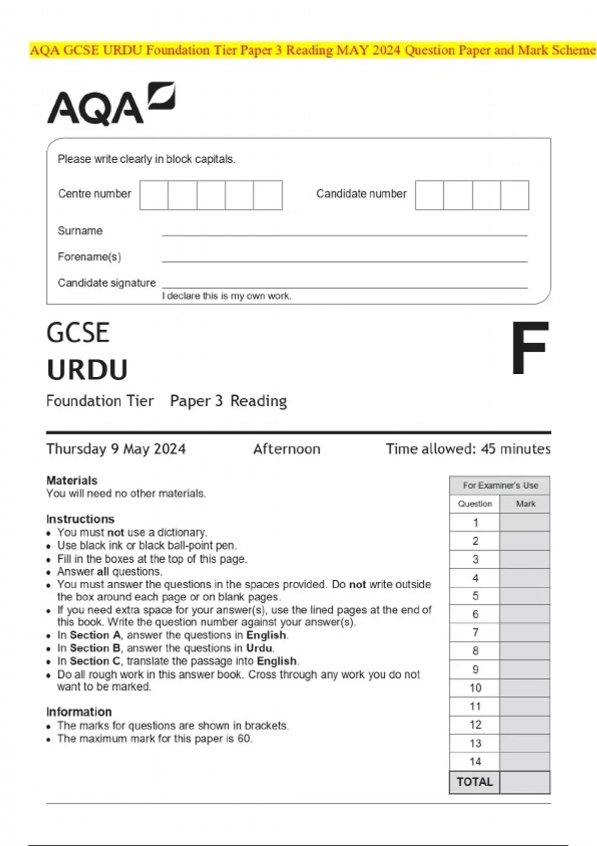 AQA GCSE URDU Foundation Tier Paper 3 Reading MAY 2024 Question Paper