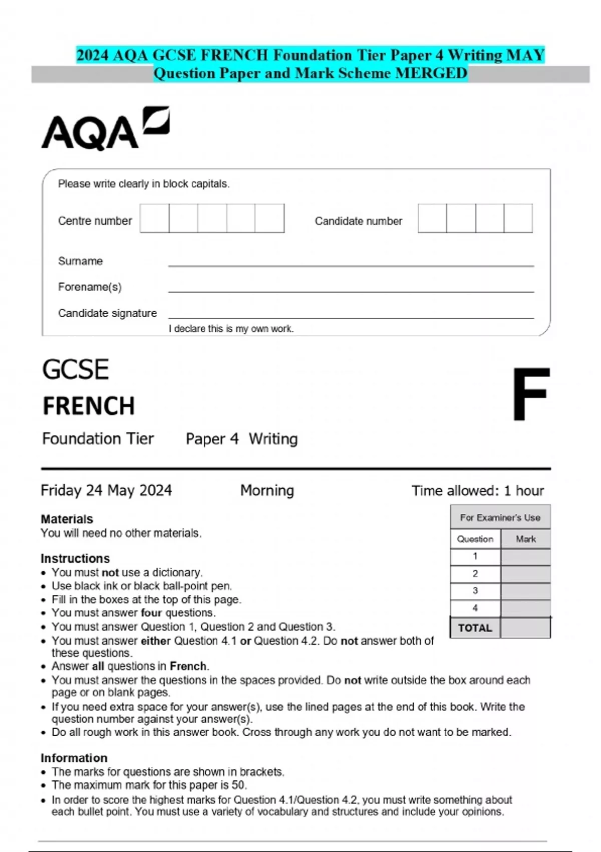 2024 AQA GCSE FRENCH Foundation Tier Paper 4 Writing MAY Question Paper