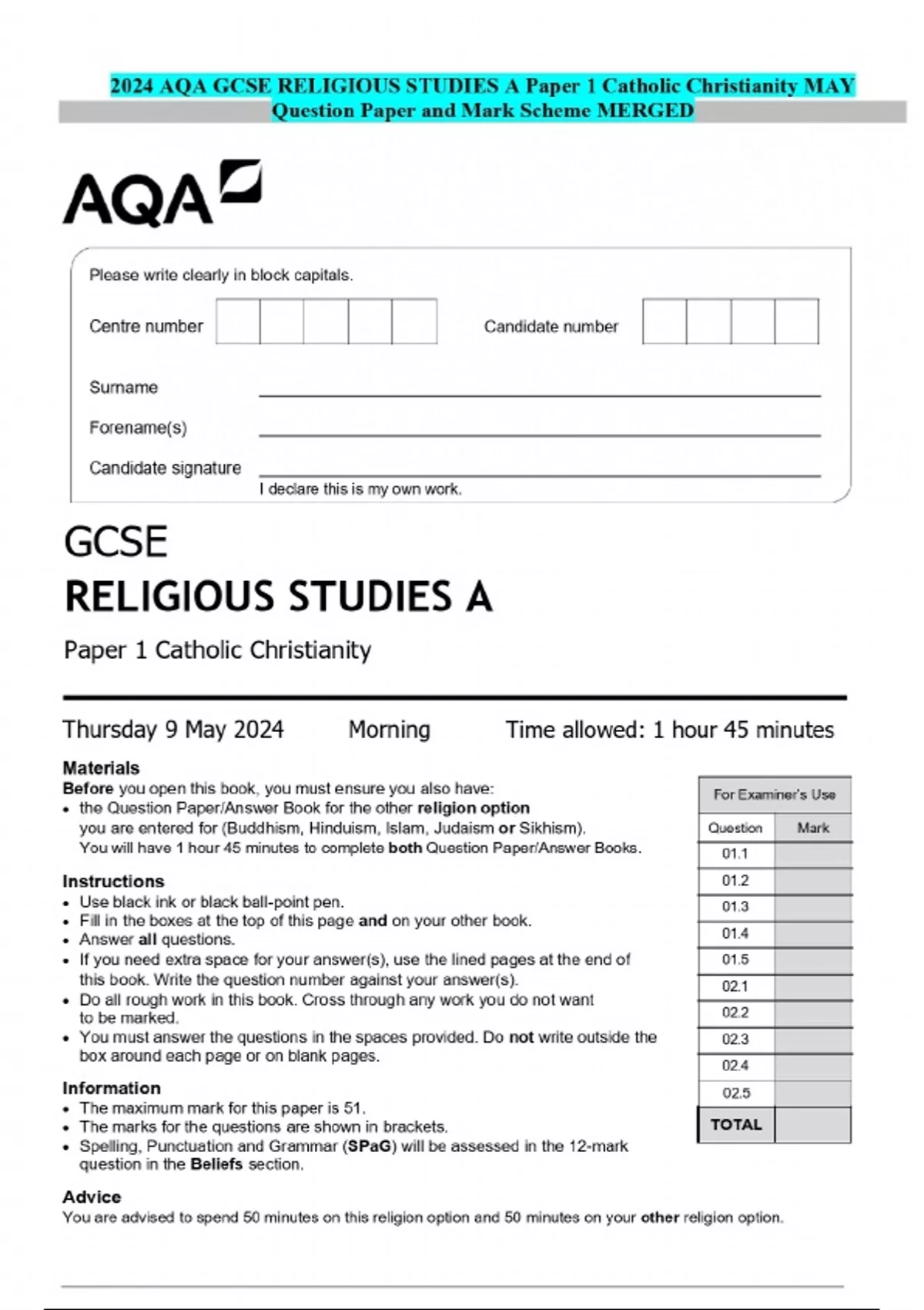 2024 AQA GCSE RELIGIOUS STUDIES A Paper 1 Catholic Christianity MAY ...