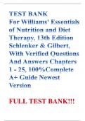 TEST BANK  For Williams' Essentials of Nutrition and Diet Therapy, 13th Edition Schlenker & Gilbert, With Verified Questions And Answers Chapters 1 - 25, 100%Complete A+ Guide Newest Version