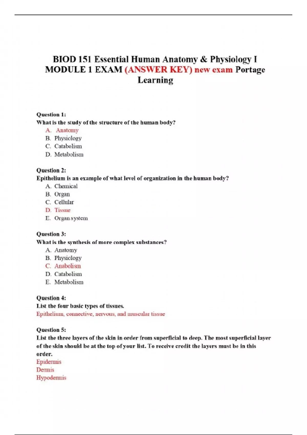 Combined Answer Key Solution For Biod Essential Human Anatomy Physiology I Portage