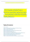 TEST BANK: ESSENTIALS  OF PSYCHIATRIC MENTAL HEA LTH NURSING (3RDFEDITION BY VARCAROLIS)