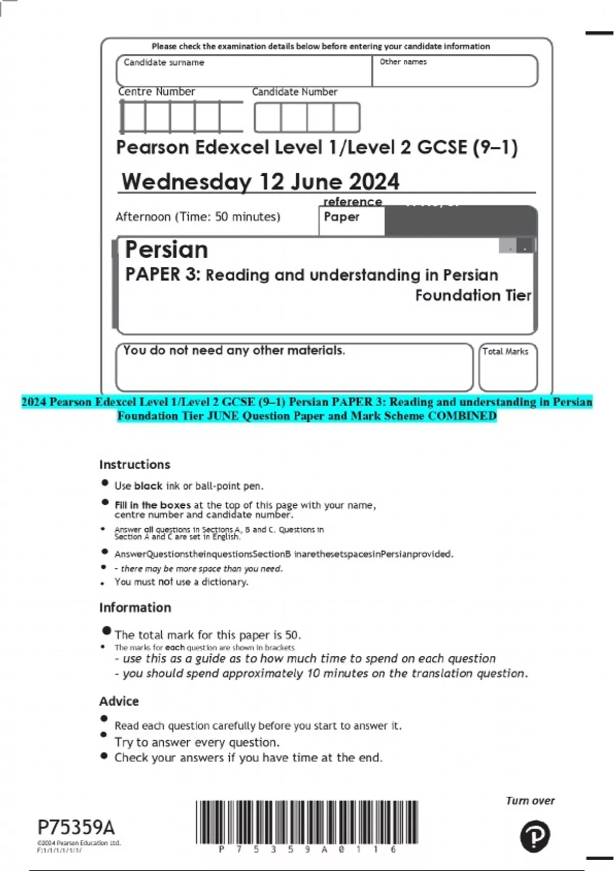 2024 Pearson Edexcel Level 1/Level 2 GCSE (91) Persian PAPER 3