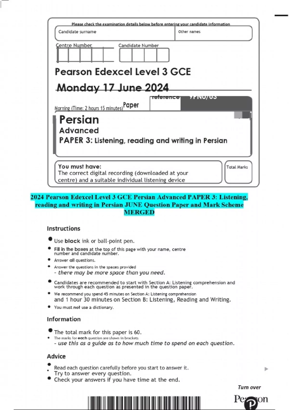 2024 Pearson Edexcel Level 3 GCE Persian Advanced PAPER 3 Listening