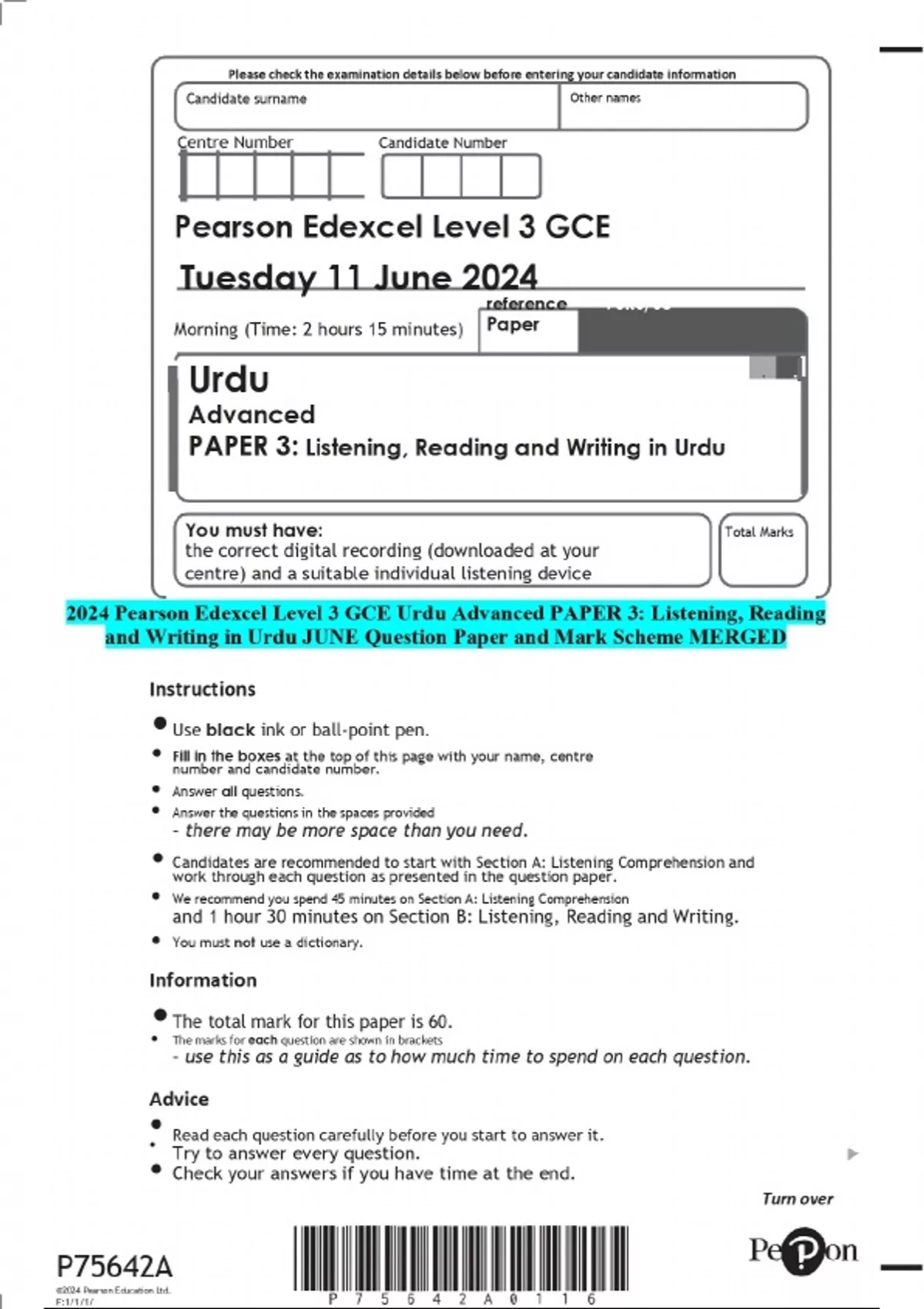 2024 Pearson Edexcel Level 3 GCE Urdu Advanced PAPER 3 Listening