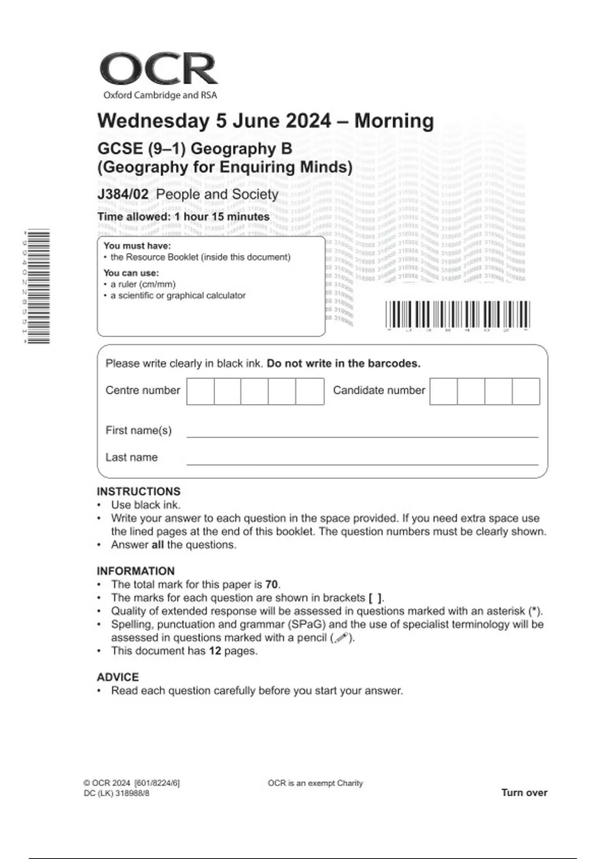 OCR GCSE Geography B (Geography For Enquiring Minds) J384/02 JUNE 2024 ...