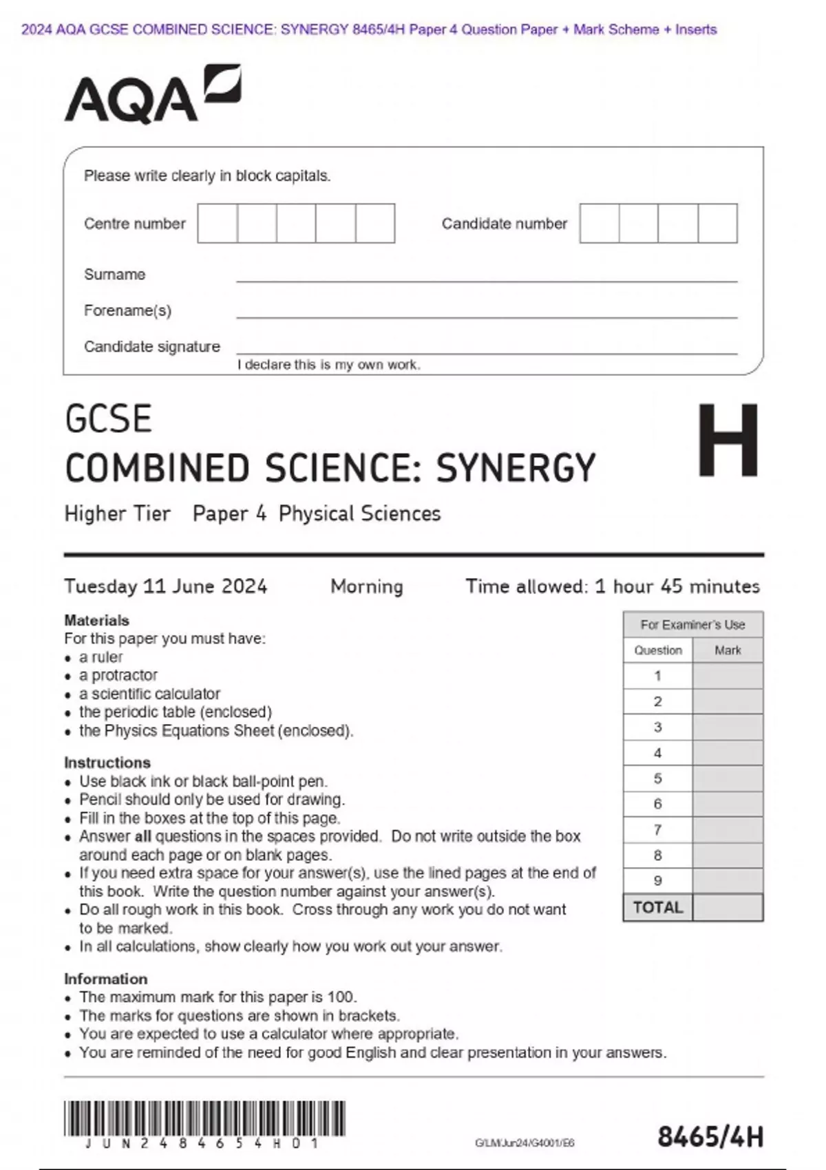 2024 AQA GCSE COMBINED SCIENCE SYNERGY 8465/4F Paper 4 Question Paper