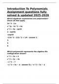 Introduction To Polynomials Assignment questions fully solved & updated 2025-2026