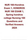 NUR 160-Hondros Exam 1, HONDROS NUR 160 EXAM 1, Spring hondros college Nursing 160 Questions and Verified Answers 2024.