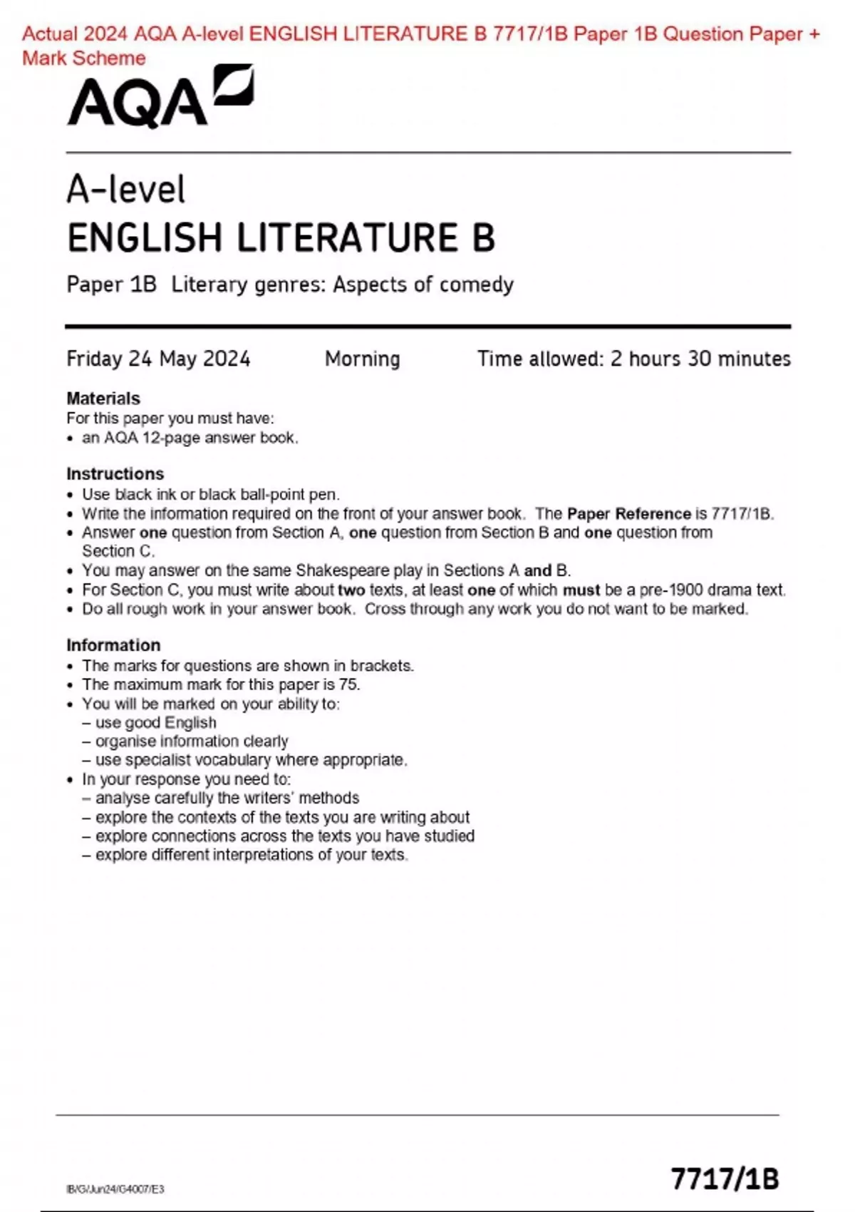 Actual 2024 AQA Alevel ENGLISH LITERATURE B 7717/1B Paper 1B Question